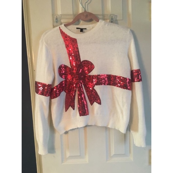 Topshop Christmas Red Bow White Sweater 